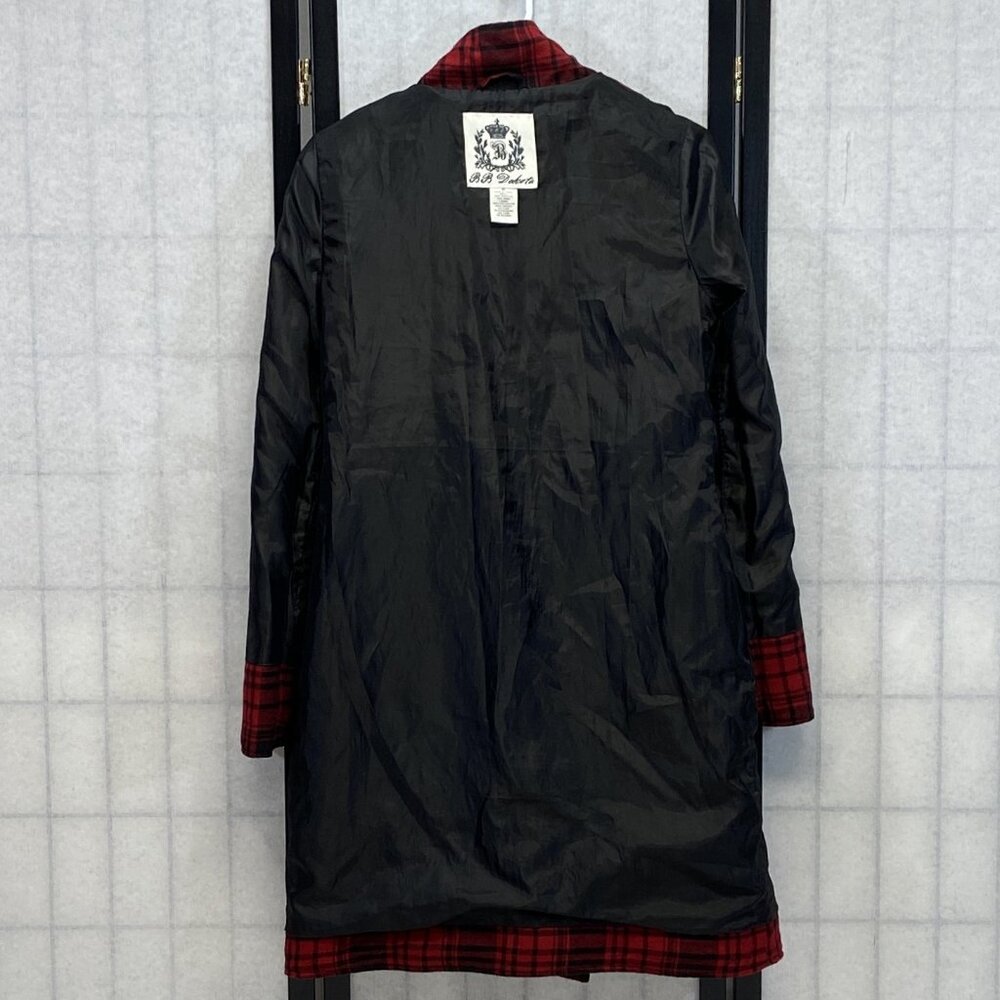 BB Dakota Plaid Wool Blend Long Trench Coat Red Black M Belted Full Zip Hi Neck - Picture 6 of 11